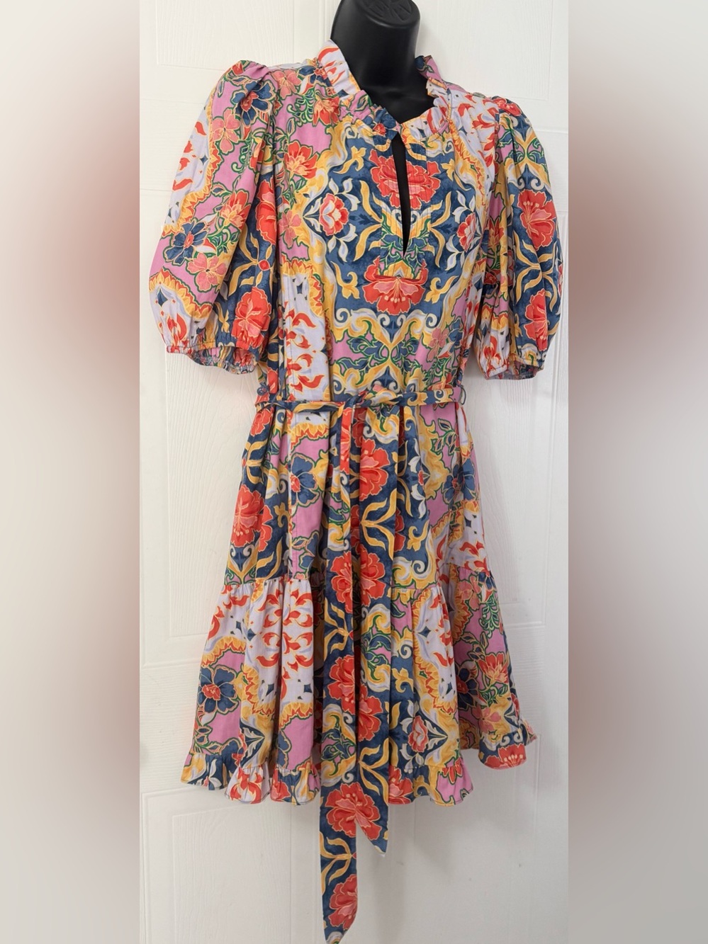 Vince Camuto Women's Floral Boho Ruffle Hem Gathered Sleeves Lined Tie Size 14